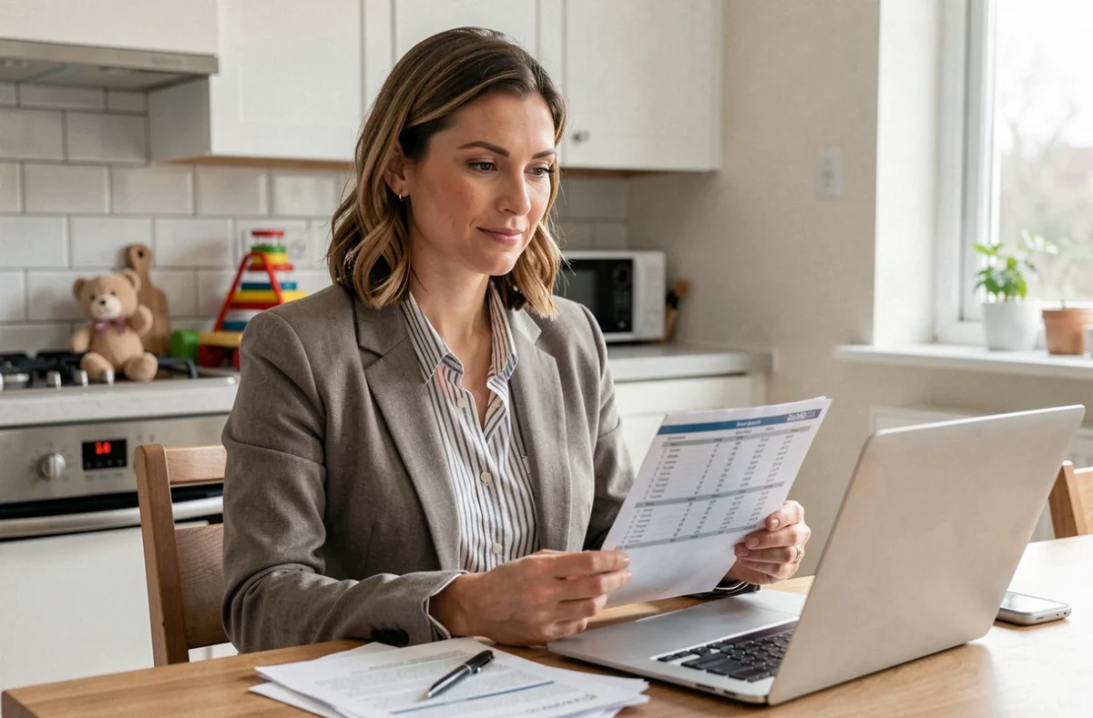 Mère de famille travaillant à temps partiel depuis son domicile avec un planning d'organisation professionnelle