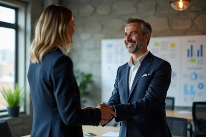 Deux professionnels scellant un partenariat d'implantation territoriale dans un espace de travail industriel moderne, symbolisant une opportunité gratuite pour accélérer la transition vers l'industrie du futur