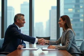Poignée de main professionnelle entre un employé et un employeur lors d'une rupture conventionnelle amiable en salle de réunion