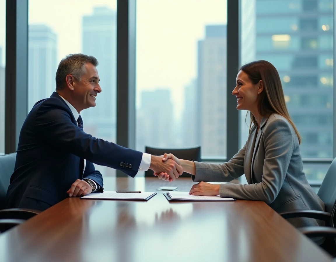 Poignée de main professionnelle entre un employé et un employeur lors d'une rupture conventionnelle amiable en salle de réunion