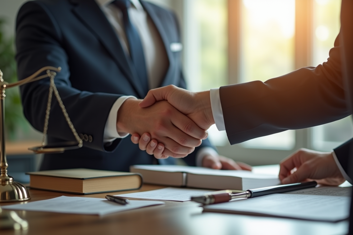 Poignee de main entre avocat et client avec livres et balance
