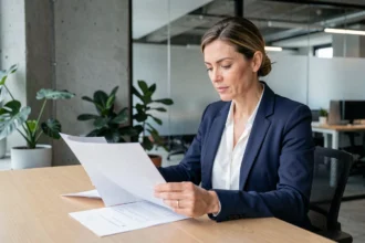 Professionnelle en portage salarial examinant un contrat dans un espace de coworking moderne