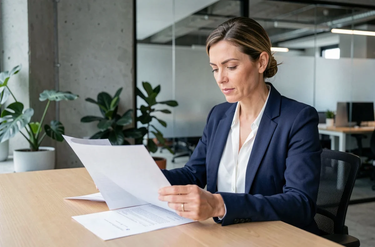 Professionnelle en portage salarial examinant un contrat dans un espace de coworking moderne