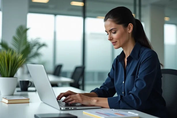 Femme professionnelle configurant une connexion logicielle sur son ordinateur portable au bureau pour la première fois