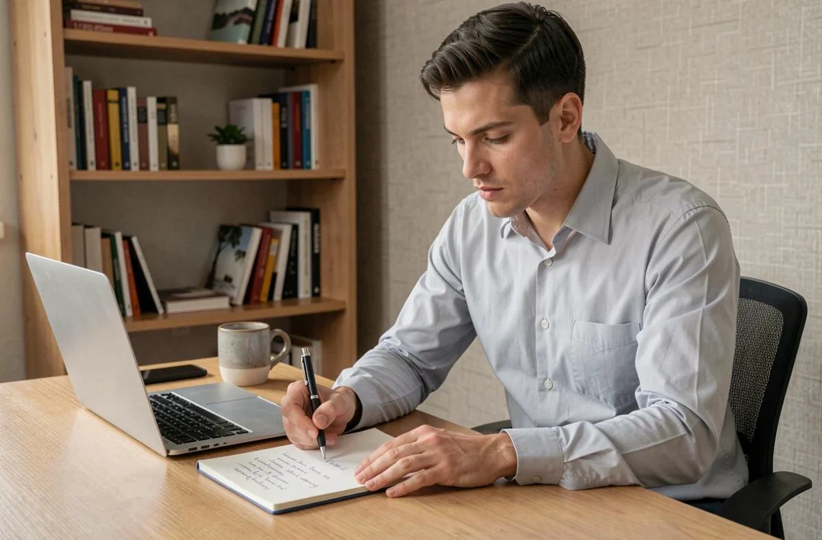 Homme préparant son discours sur ses qualités et défauts pour un entretien de recrutement avec des notes manuscrites sur un bureau