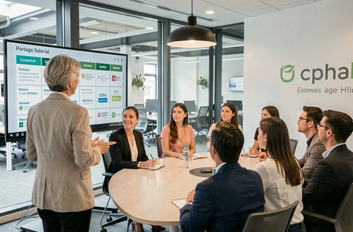 Présentation des critères de choix d'une société de portage salarial lors d'une réunion d'équipe à Paris
