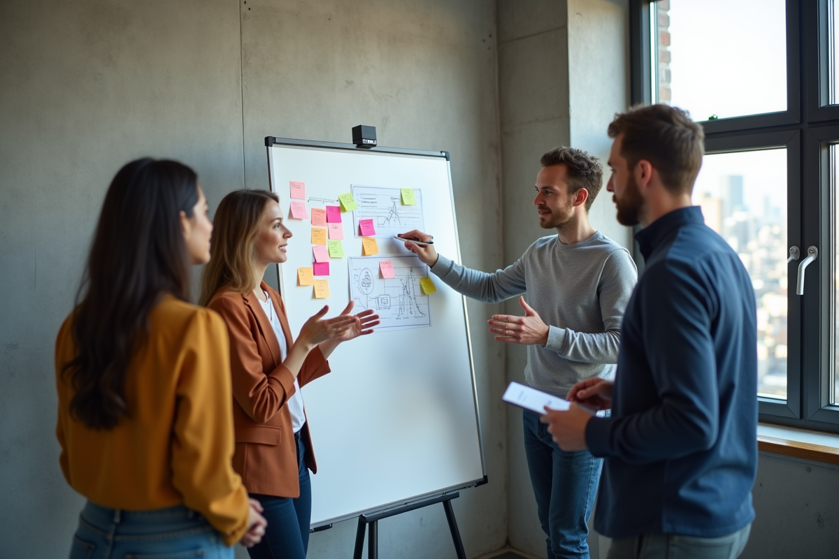 Jeunes professionnels en discussion devant un tableau blanc créatif