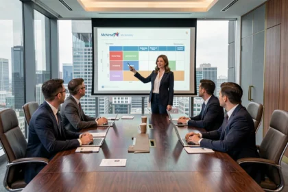 Directrice présentant une matrice McKinsey en comité de direction dans une salle de réunion moderne avec vue sur la ville
