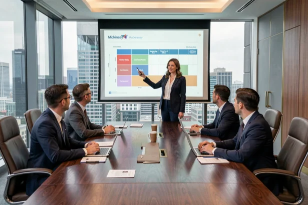 Directrice présentant une matrice McKinsey en comité de direction dans une salle de réunion moderne avec vue sur la ville