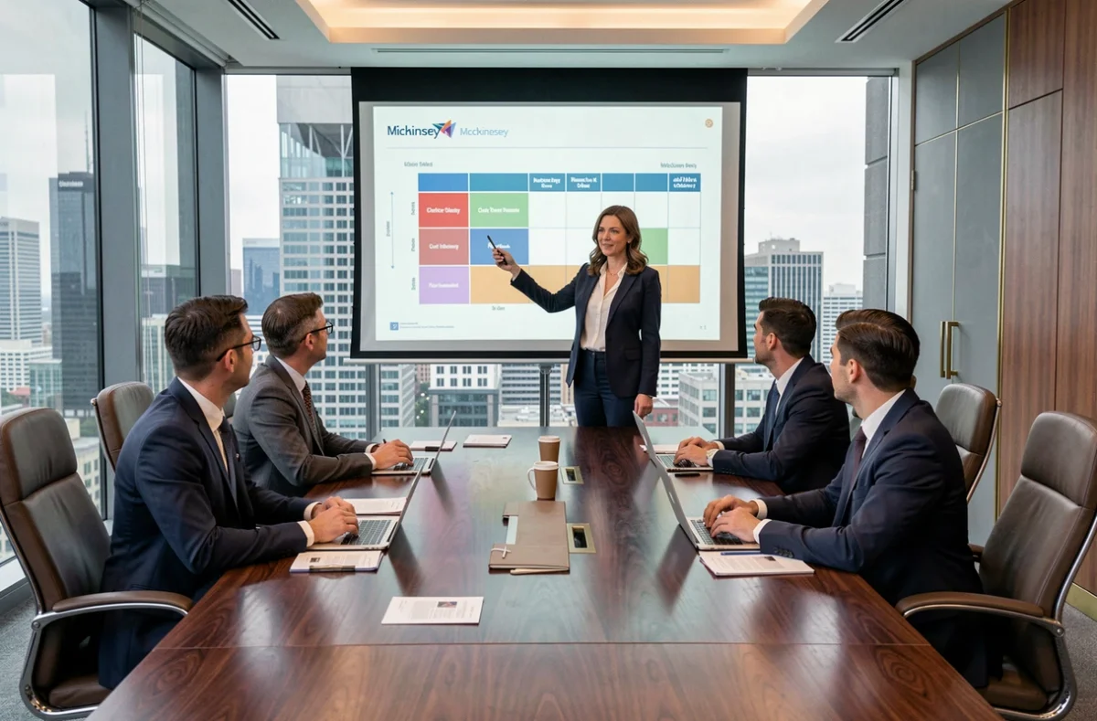 Directrice présentant une matrice McKinsey en comité de direction dans une salle de réunion moderne avec vue sur la ville