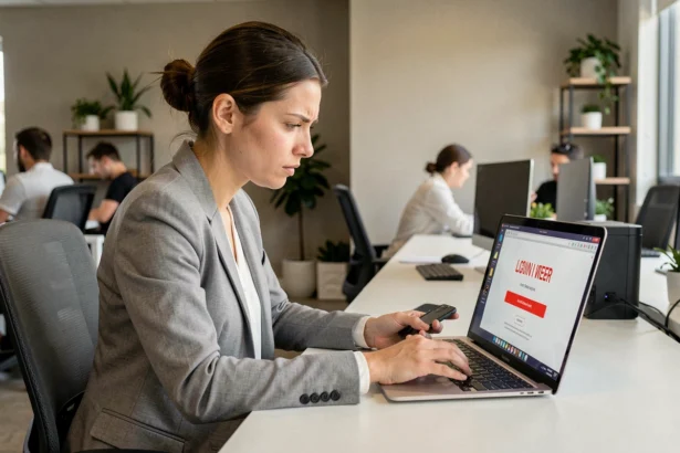 Femme concentrée devant un message d'erreur de connexion RH sur son ordinateur portable au bureau
