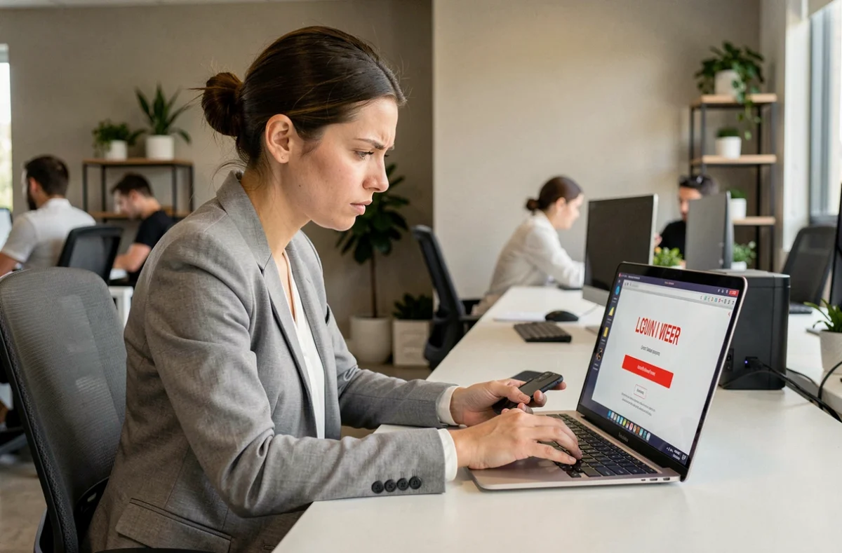 Femme concentrée devant un message d'erreur de connexion RH sur son ordinateur portable au bureau