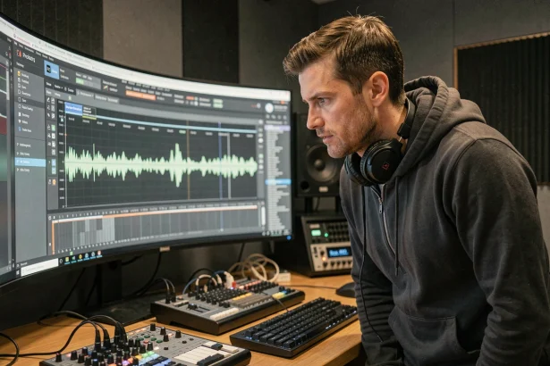 Producteur de musique masculin concentré dans un studio d'enregistrement professionnel avec écran DAW et moniteurs audio