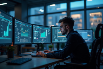 Professionnel tech travaillant tard dans un bureau moderne avec écrans futuristes