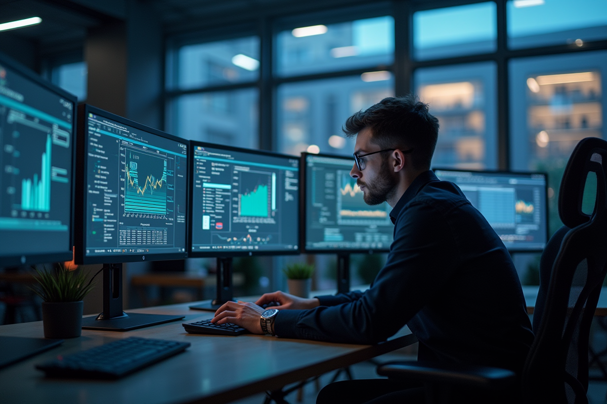 Professionnel tech travaillant tard dans un bureau moderne avec écrans futuristes