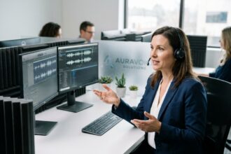 Professionnelle en entreprise portant un casque audio sans fil et travaillant sur un système de communication sonore dans un bureau moderne