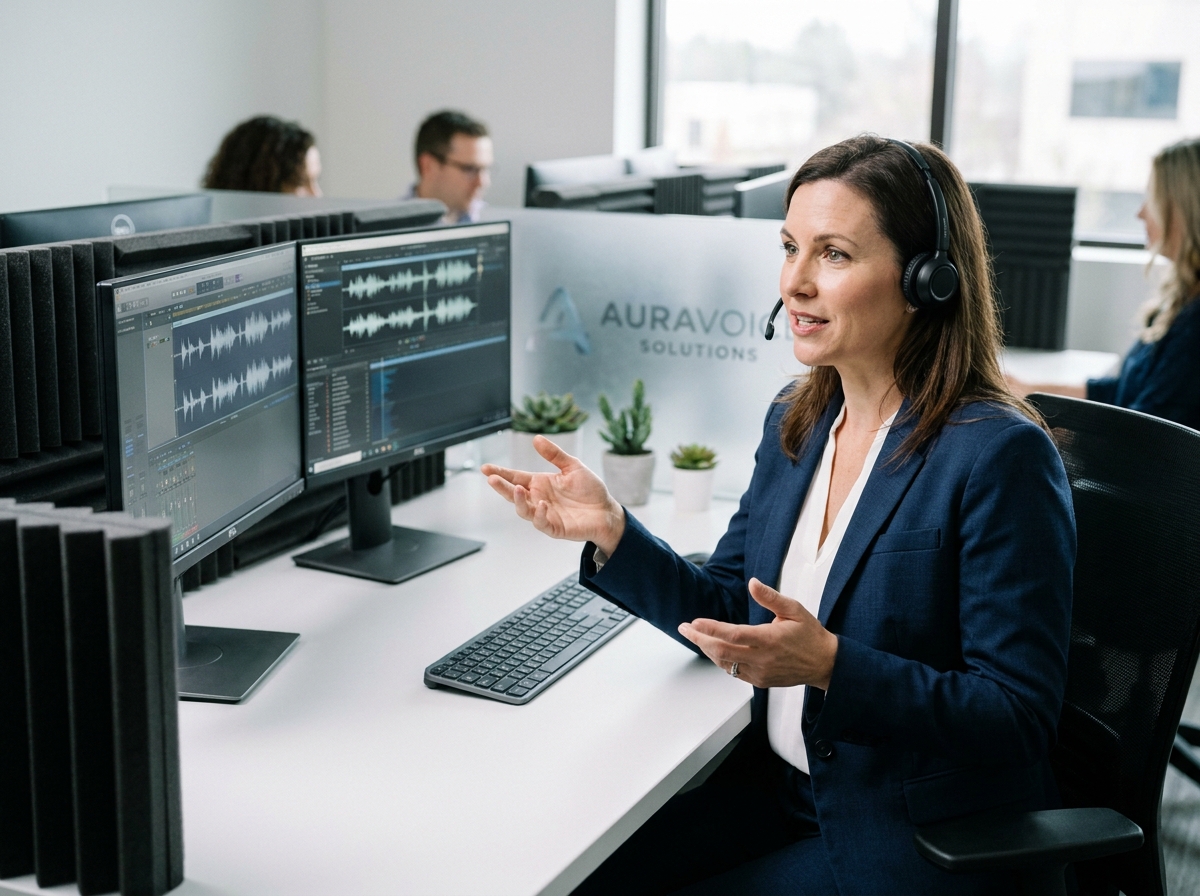 Professionnelle en entreprise portant un casque audio sans fil et travaillant sur un système de communication sonore dans un bureau moderne