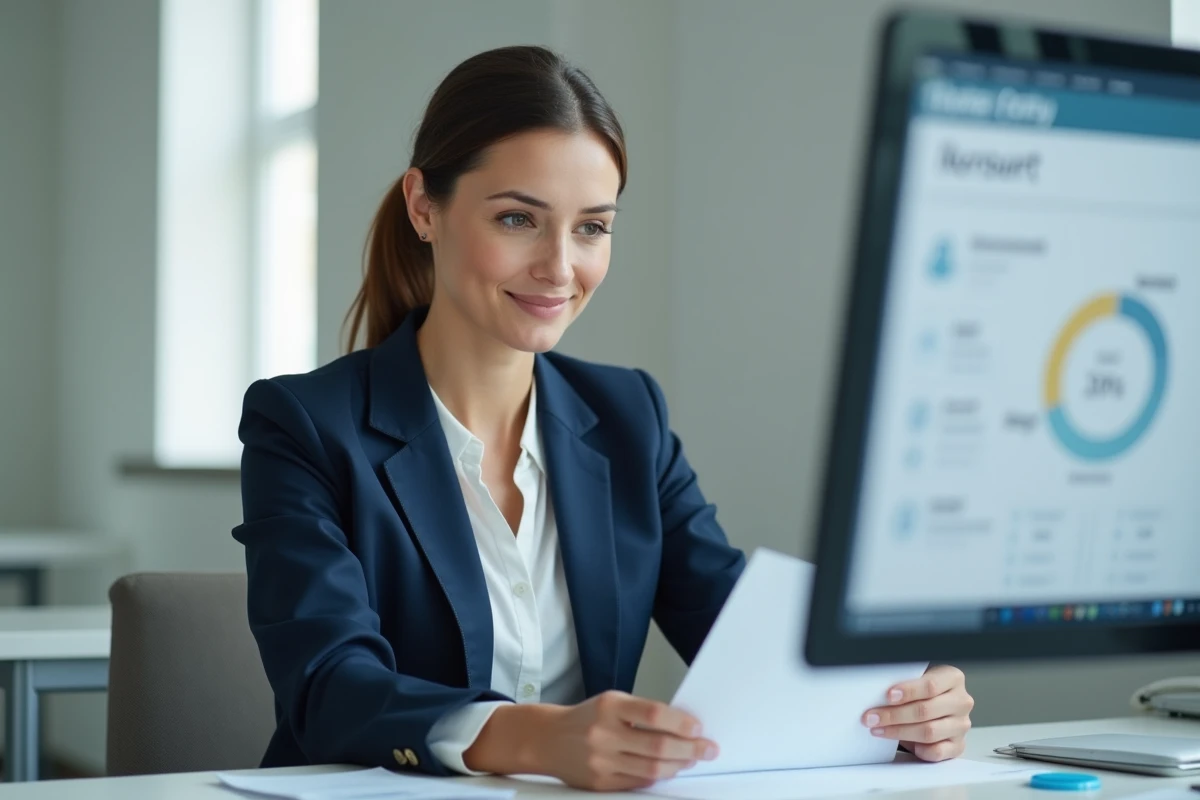 Professionnelle consultant des documents administratifs de la Française des Jeux à son bureau