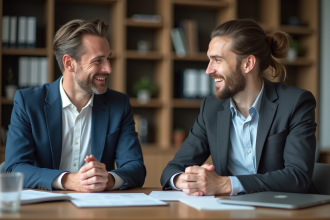 Deux adultes en discussion dans un bureau moderne