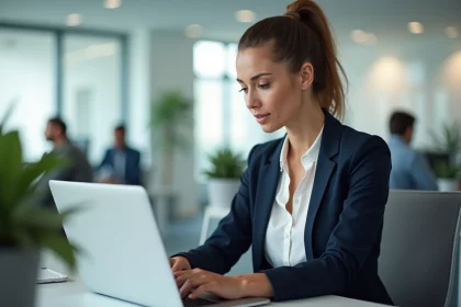 Professionnelle B2B analysant un tableau de bord de génération de leads qualifiés sur un ordinateur portable dans un bureau moderne