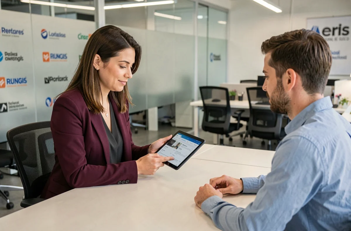 Conseillère de l'agence R.A.S Intérim à Rungis présentant des offres d'emploi sur tablette à un candidat