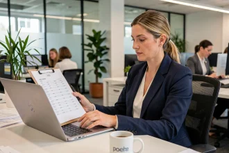 Recruteuse professionnelle en blazer marine consultant une liste de contacts dans un bureau moderne lors d'une session de recrutement d'entreprise