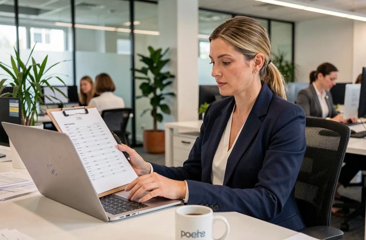 Recruteuse professionnelle en blazer marine consultant une liste de contacts dans un bureau moderne lors d'une session de recrutement d'entreprise
