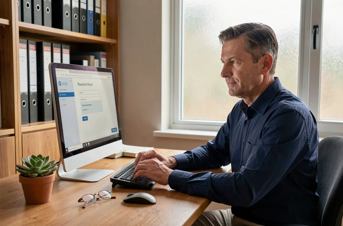 Homme réinitialisant son mot de passe sur un portail de connexion RH depuis son bureau à domicile