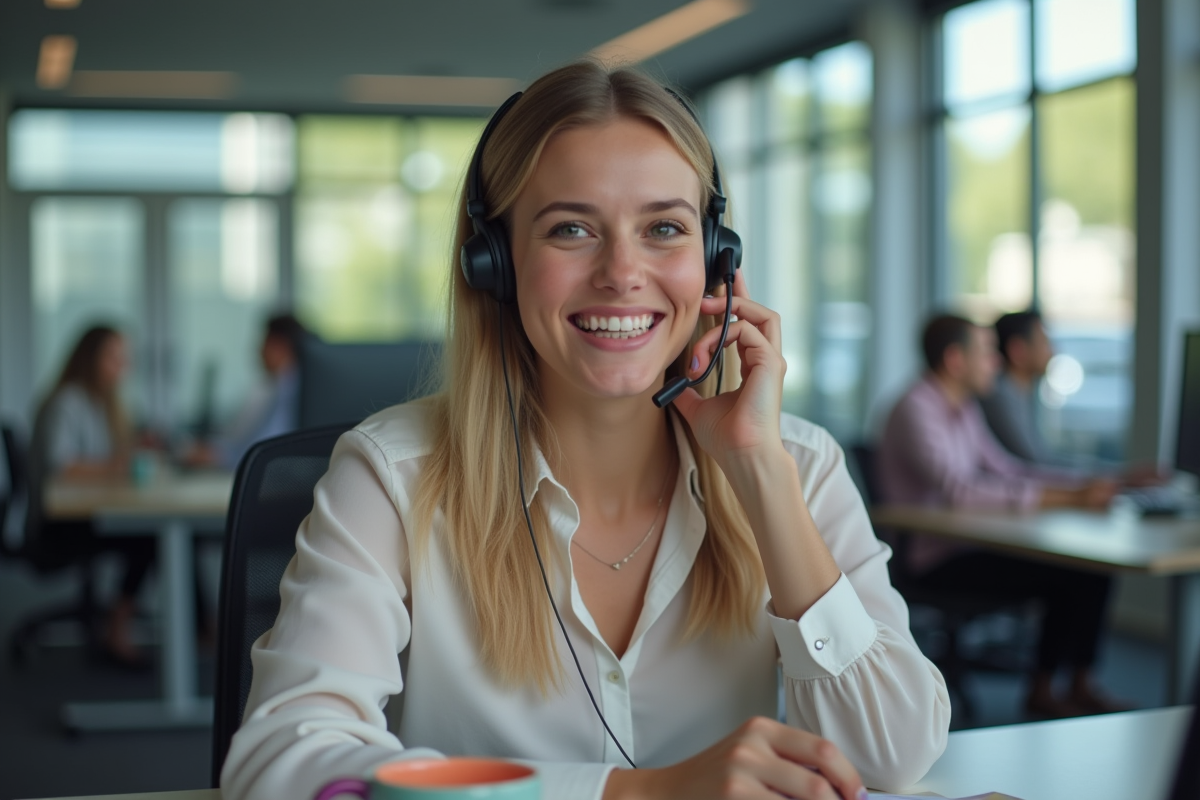 Jeune femme avec casque souriante au bureau moderne
