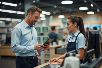 Manager de magasin discutant avec caissière avec tablette