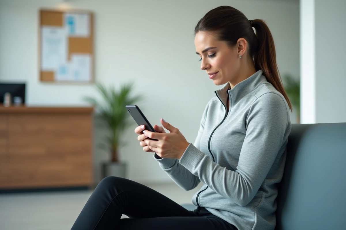 Femme responsable de club sportif configurant l'application My Extrabat sur smartphone à l'accueil
