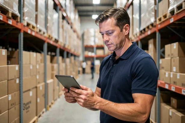 Responsable logistique Kuehne+Nagel consultant une tablette dans un entrepôt e-commerce moderne rempli de cartons d'expédition