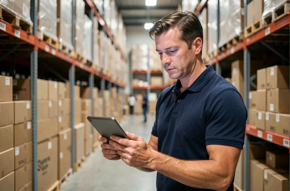 Responsable logistique Kuehne+Nagel consultant une tablette dans un entrepôt e-commerce moderne rempli de cartons d'expédition