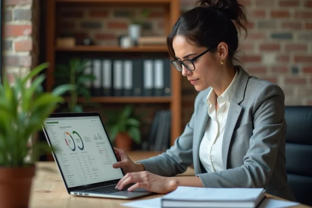 Responsable PME consultant un logiciel RH Silae sur ordinateur portable dans un bureau moderne