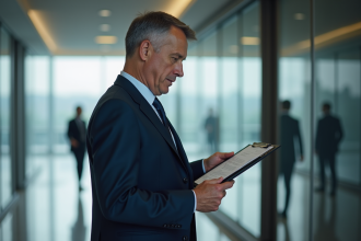 Homme responsable de sécurité en costume navy dans un couloir moderne