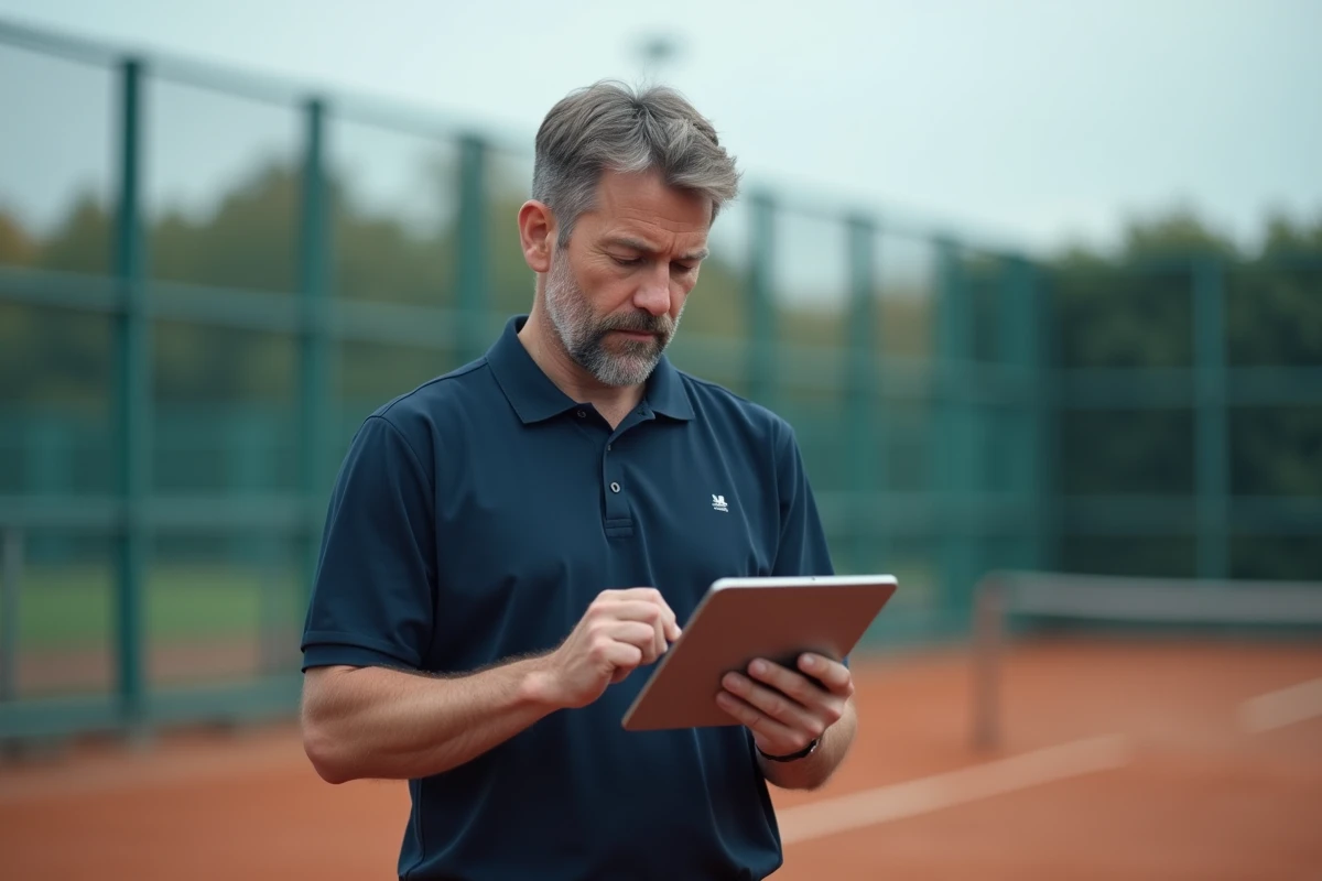 Responsable sportif consultant l'application My Extrabat sur tablette au bord d'un court de tennis