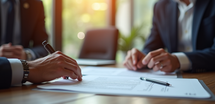 Réunion dans un bureau moderne avec documents légaux
