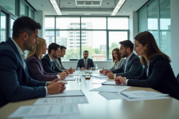 Groupe de professionnels en réunion dans une salle lumineuse