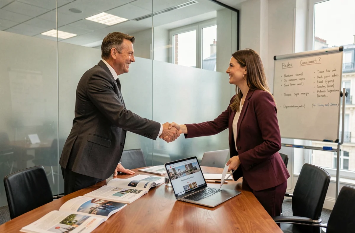 Réunion professionnelle entre un consultant et un représentant d'une société de portage salarial à Paris