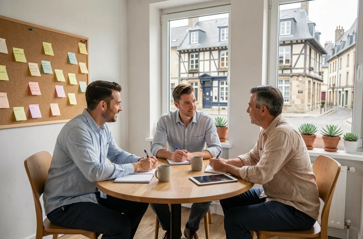 Groupe de professionnels en réunion collaborative dans un coworking abordable à Caen avec vue sur l'architecture normande