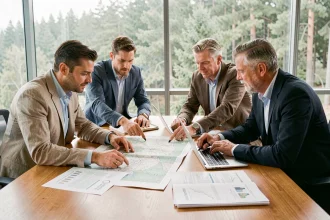 Équipe de professionnels réunis autour d'une table de travail pour élaborer un projet de territoire avec des cartes et documents