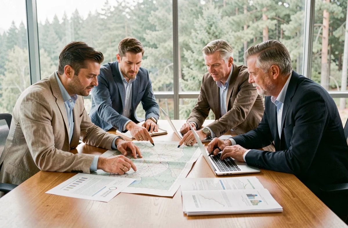 Équipe de professionnels réunis autour d'une table de travail pour élaborer un projet de territoire avec des cartes et documents
