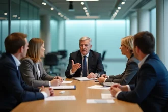 Groupe de professionnels en réunion dans une salle moderne