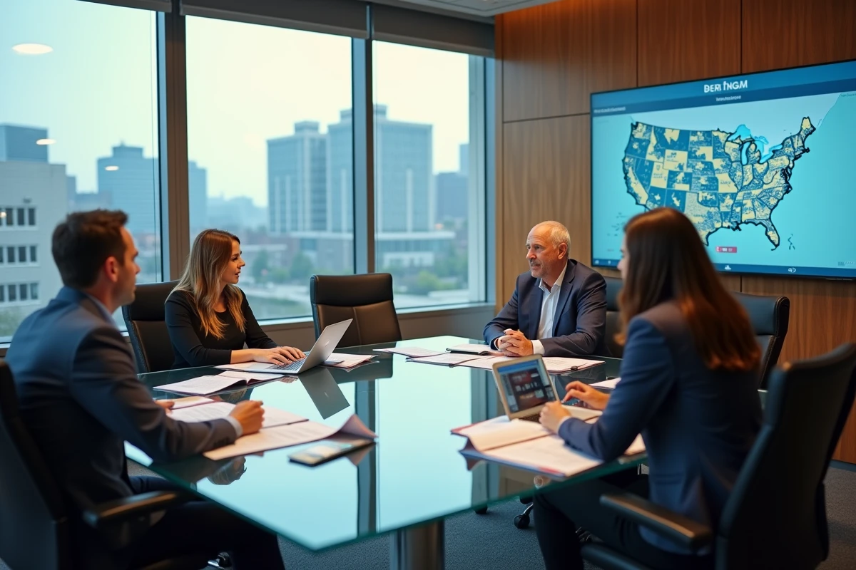 Équipe pluridisciplinaire en réunion stratégique dans une agence de développement territorial, planifiant l'implantation d'entreprises pour accélérer la transition vers l'industrie du futur