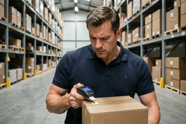Responsable logistique scannant une étiquette RFID sur un colis dans un entrepôt parisien moderne