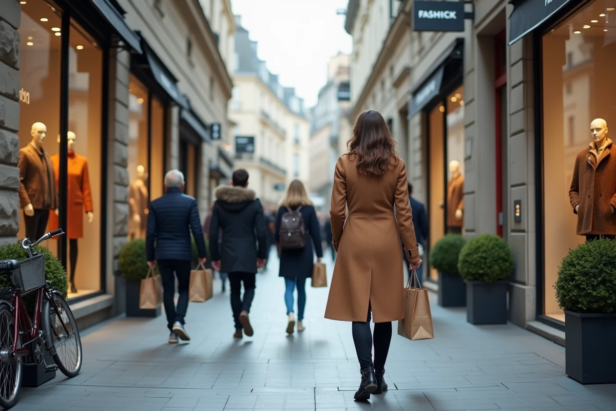 Rue commerçante française avec des boutiques de mode alternatives à H&M et des passants faisant du shopping