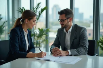 Employée et responsable RH examinant un document de rupture conventionnelle dans un bureau moderne