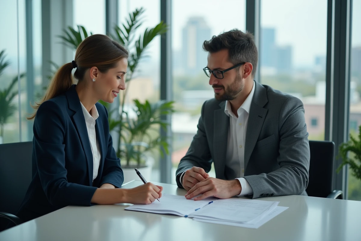 Employée et responsable RH examinant un document de rupture conventionnelle dans un bureau moderne