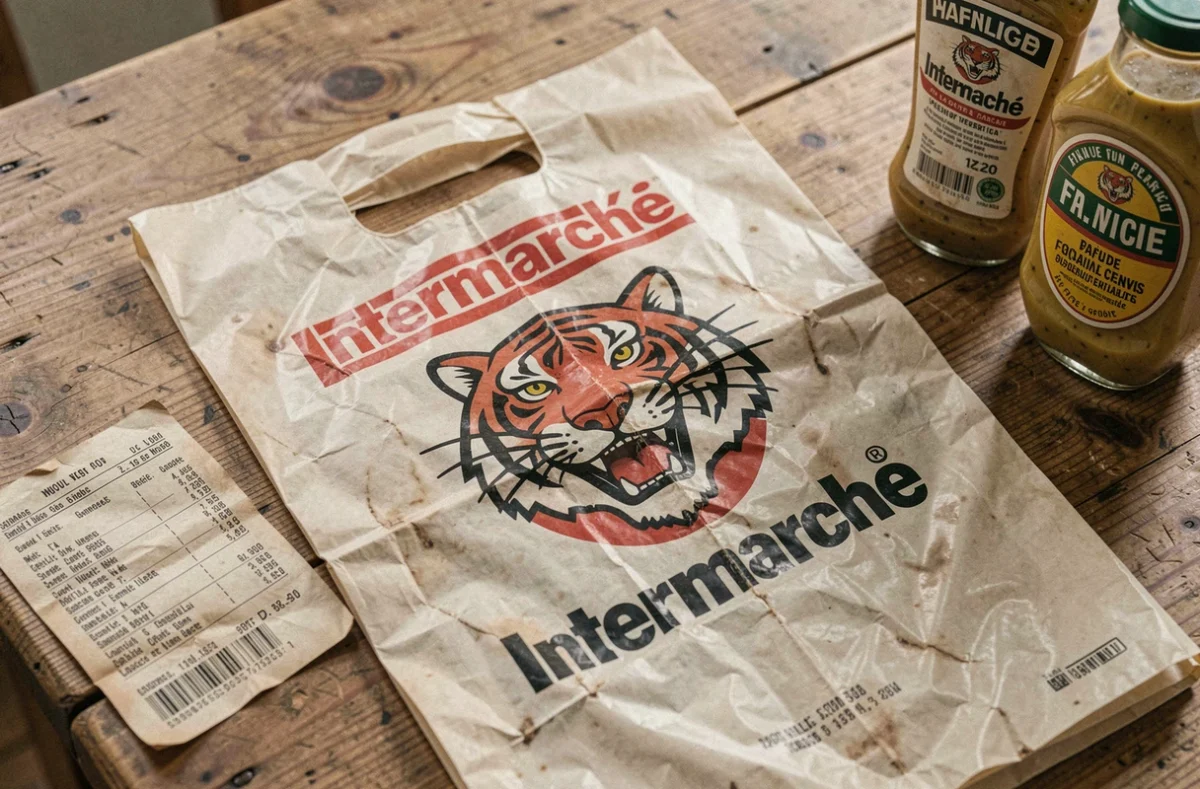 Sac de courses vintage Intermarché avec logo tigre des années 1990 posé sur une table en bois rustique