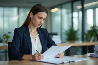 Salariée en blazer marine consultant des documents officiels liés au solde de tout compte dans un bureau professionnel
